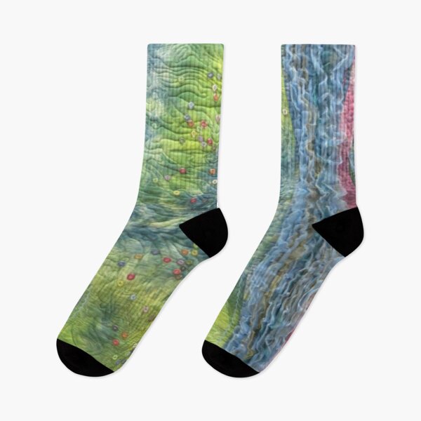 Item preview, Patchwork art composition title River of Life curve lines dots made of colorful buttons  designed and sold by ErisMerch.