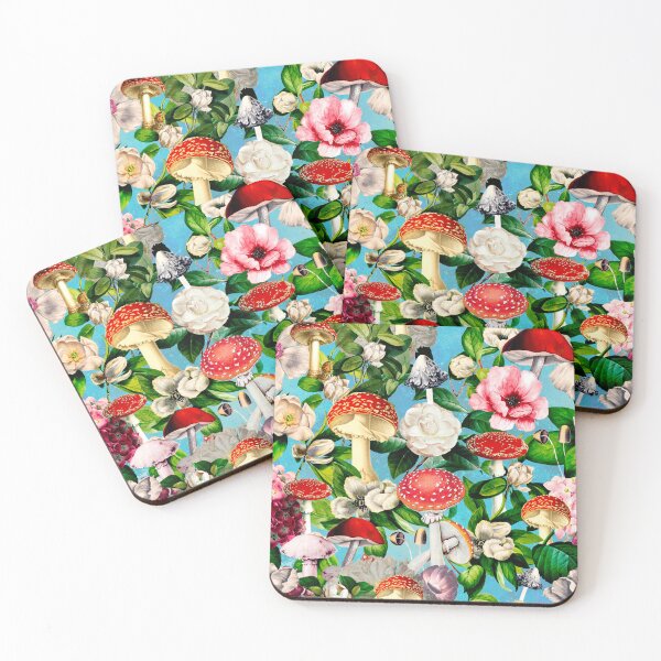 Item preview, Vintage mushrooms floral garden, shrooms and fungi, botanical pattern, mushrooms illustration, seamless pattern, turquoise pattern trendy  designed and sold by ZeinabTaha.