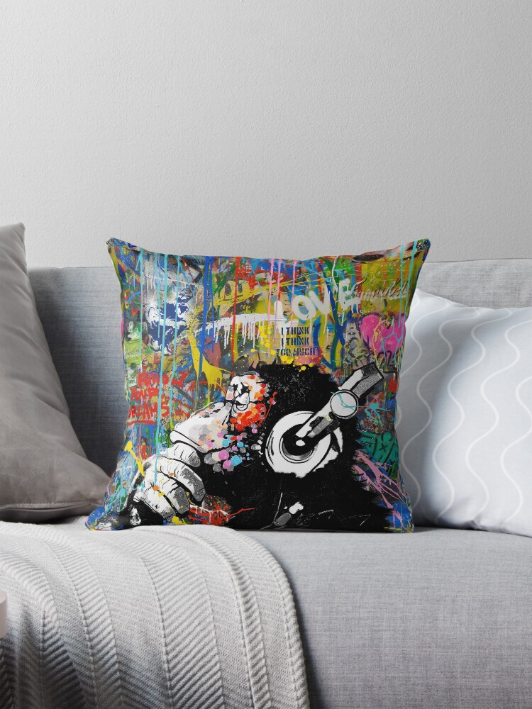 Thumbnail 1 of 4, Pillow, Monkey Thinker - Banksy Urban Contemporary Colorful Street Art - DJ Chimp designed and sold by WE-ARE-BANKSY.