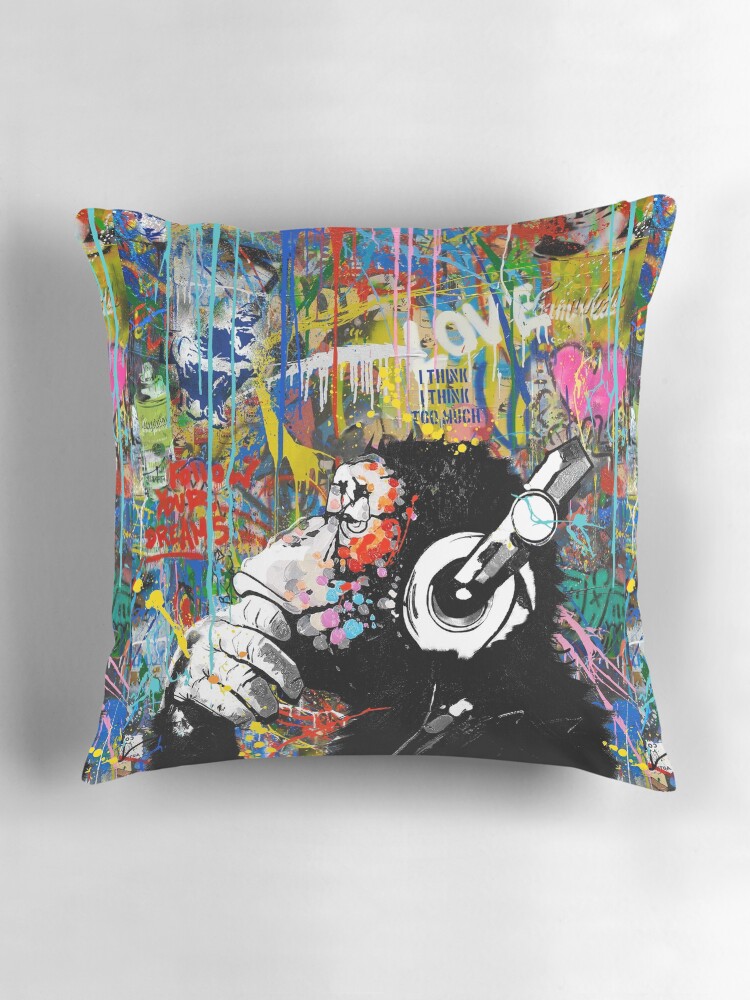 Thumbnail 3 of 4, Pillow, Monkey Thinker - Banksy Urban Contemporary Colorful Street Art - DJ Chimp designed and sold by WE-ARE-BANKSY.