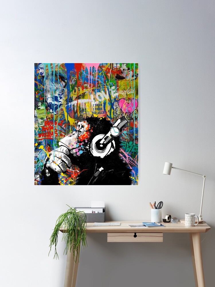 Poster for Sale mit Monkey Thinker – Banksy Urban Contemporary Colorful Street  Art – DJ Chimp von WE-ARE-BANKSY