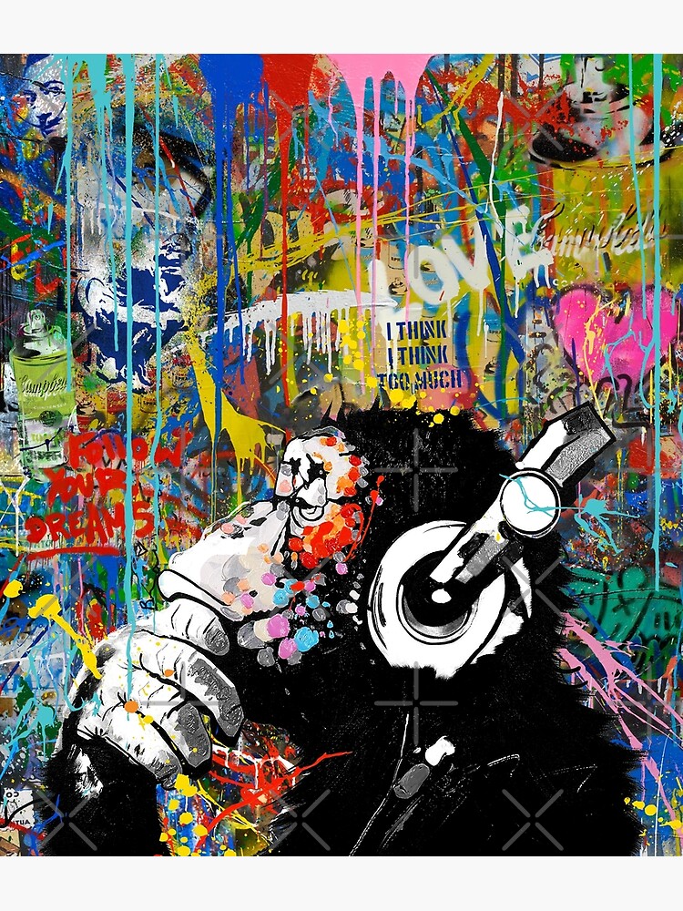 Disover Monkey Thinker - Banksy Urban Contemporary Colorful Street Art -  DJ Chimp | Canvas Print