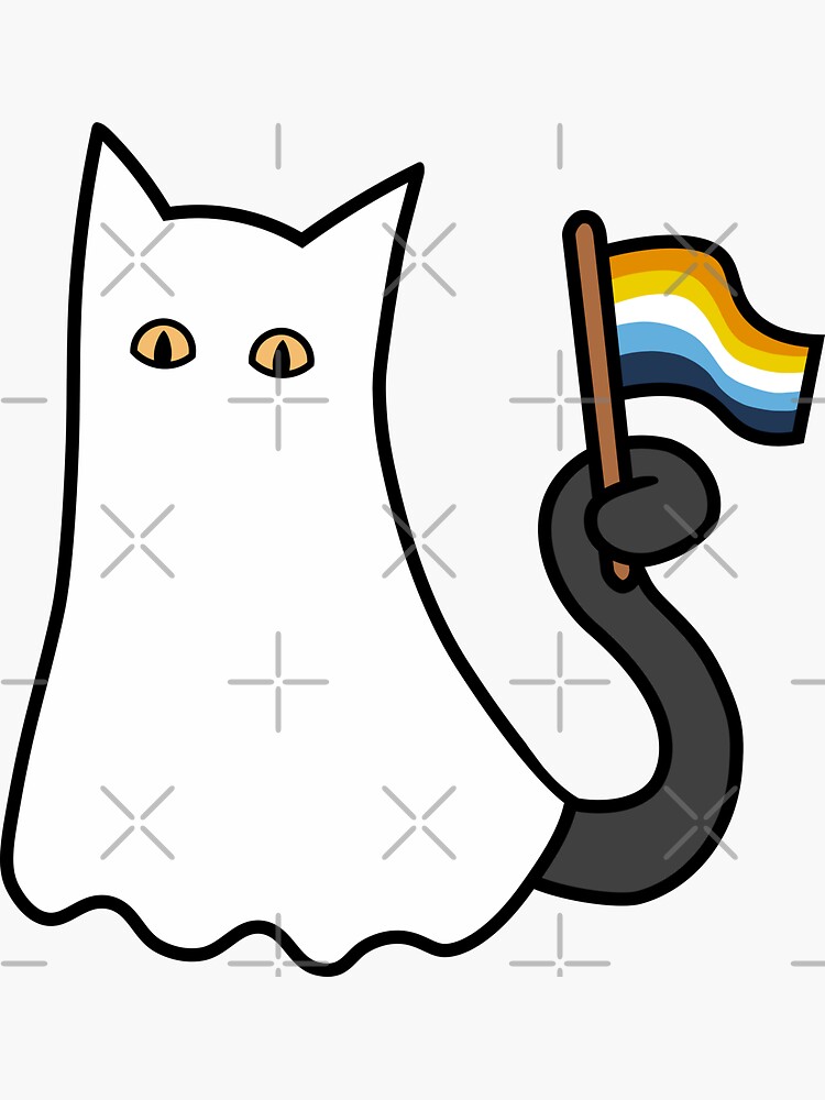 Aromantic Asexual Pride Ghost Cat With Aroace Pride Flag Orange And Blue Flag Sticker For