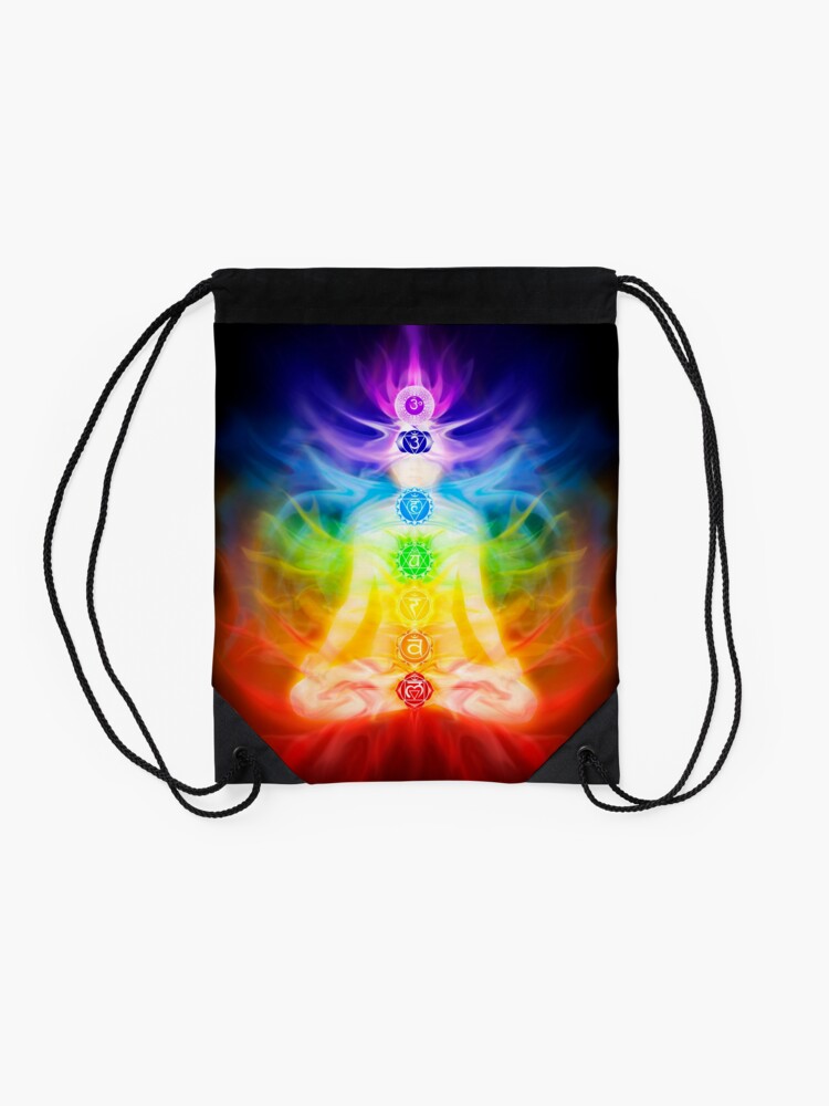 Alternate view of Chakras and energy flow on human body art photo print Drawstring Bag