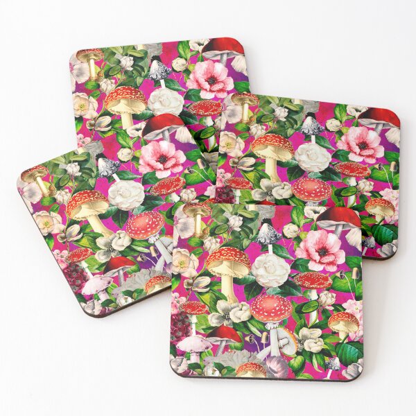 Item preview, Vintage mushrooms floral garden, shrooms and fungi, botanical pattern, mushrooms illustration, seamless pattern, pink fushia pattern trendy  designed and sold by ZeinabTaha.