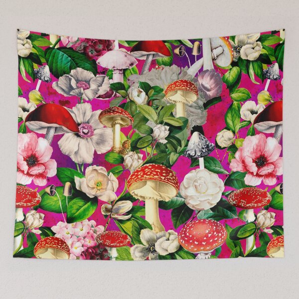 Item preview, Vintage mushrooms floral garden, shrooms and fungi, botanical pattern, mushrooms illustration, seamless pattern, pink fushia pattern trendy  designed and sold by ZeinabTaha.