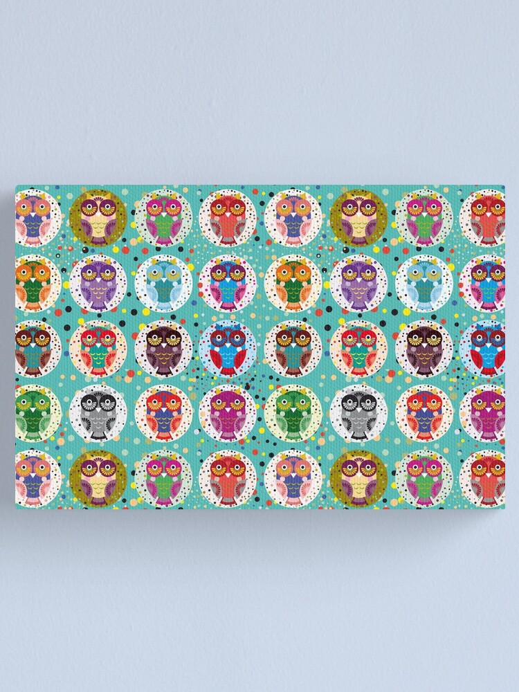 Alternate view of funny colorful owls on a turquoise background Canvas Print
