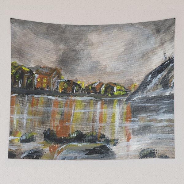 Item preview, Mountain Village on Lake reflecting lights designed and sold by WorldOfWendyArt.