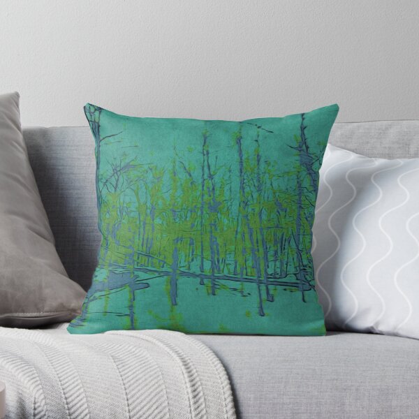 Nature Lovers Gift - Into the Woods - Teal Blue Green Abstract Nature Art Throw Pillow