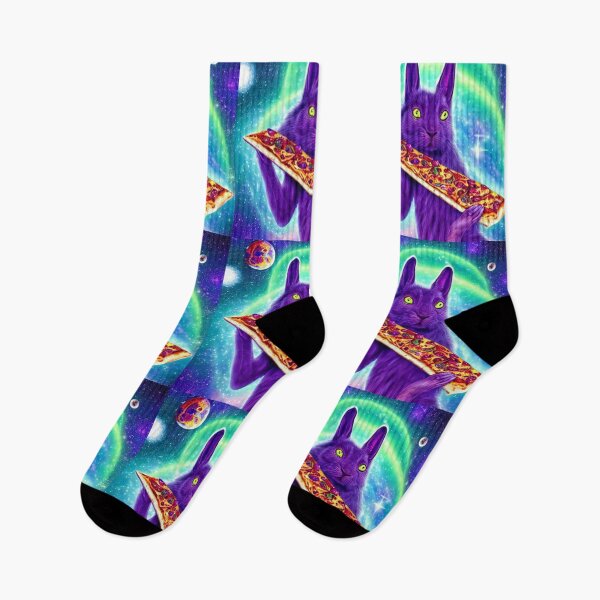 Item preview, Purple Cat Bunny with Green Eyes eating pizza  in Space  designed and sold by MagicStrawberry.