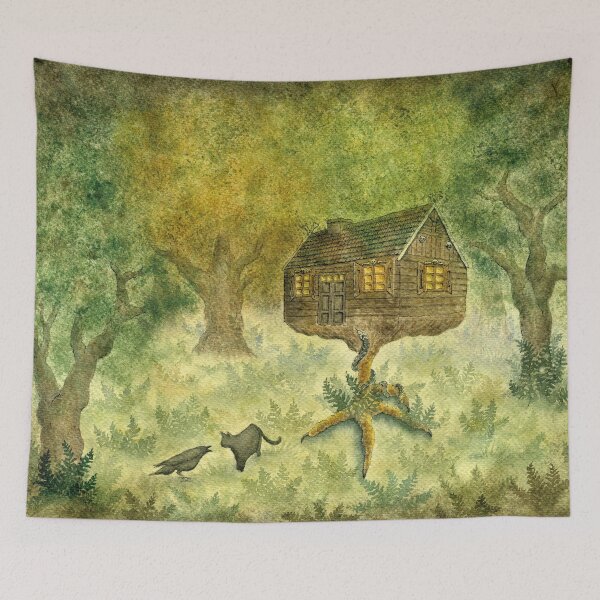 Item preview, Baba Yaga's Hut - Watercolor Halloween Painting Slavic Folklor designed and sold by AlicjaCurioseur.
