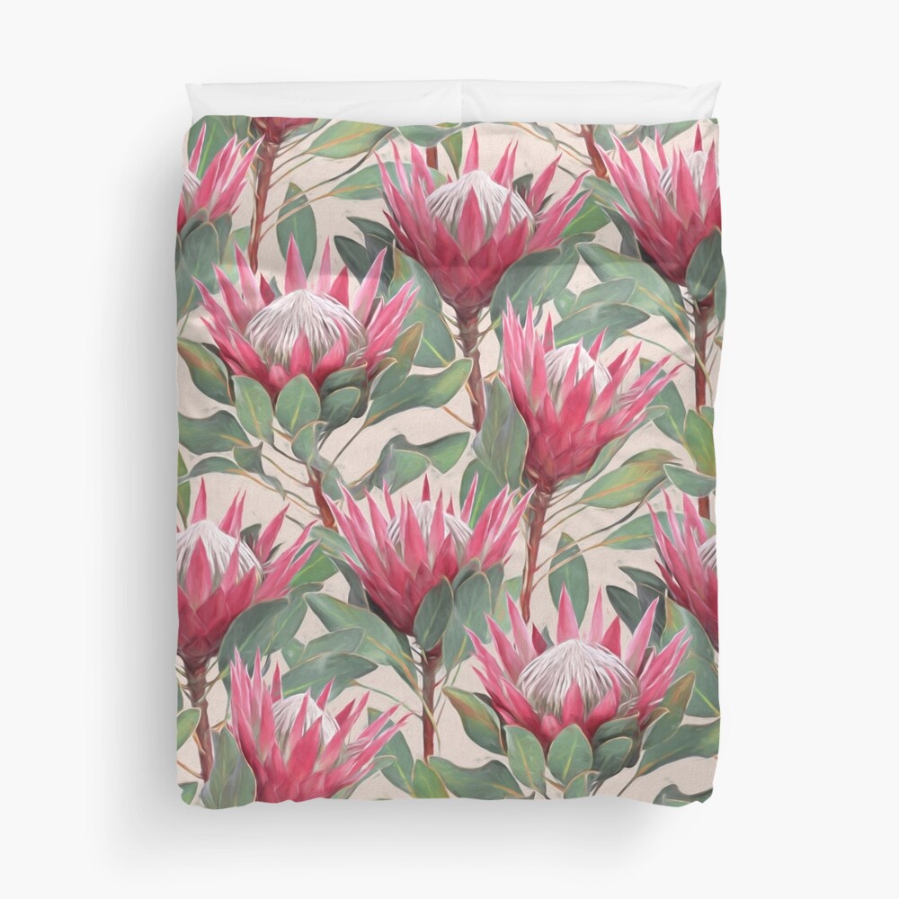 "Painted King Proteas on Cream " Duvet Cover by micklyn Redbubble