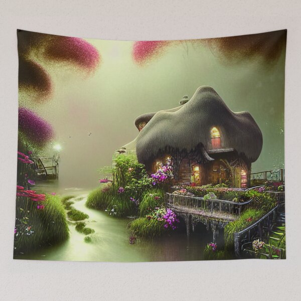 Item preview, Sparkling Fantasy Cottage with Lights and Glitter Background in Forest, Scenery Nature designed and sold by NatureFood.