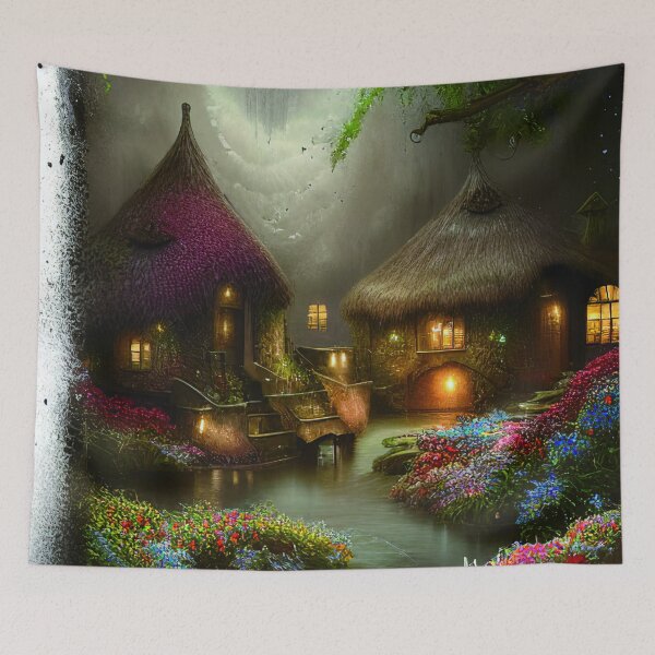 Item preview, Sparkling Fantasy Village Cottage with Lights an Glitter Background in Forest, Scenery Nature designed and sold by NatureFood.