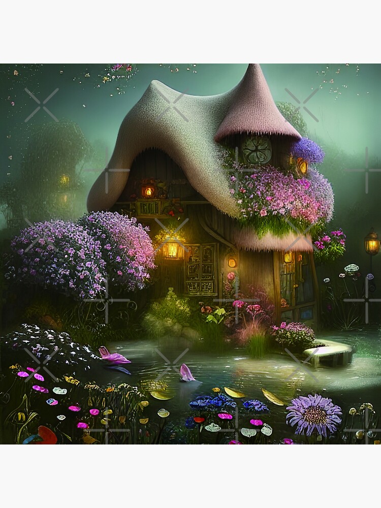 "Sparkling Fantasy Cottage with Lights and Glitter Background in Forest