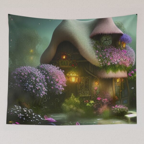 Item preview, Sparkling Fantasy Cottage with Lights and Glitter Background in Forest, Scenery Nature designed and sold by NatureFood.