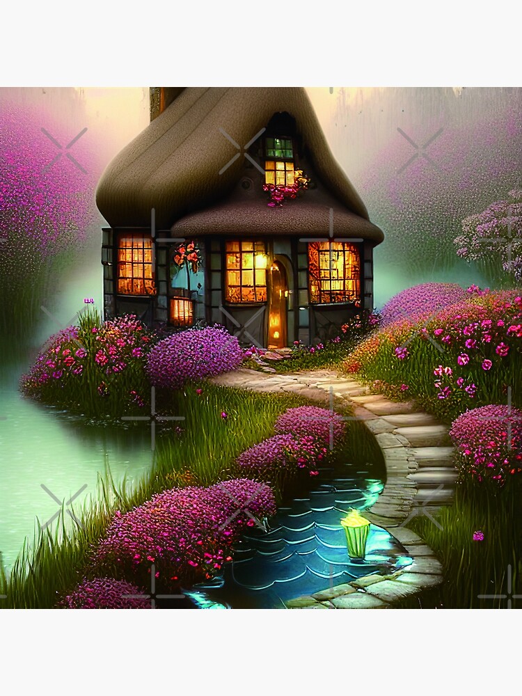 "Sparkling Fantasy Cottage with Lights and Glitter Background in Forest