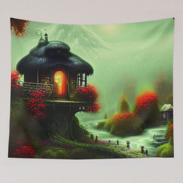 Item preview, Sparkling Fantasy Cottage with Lights and Glitter Background in Forest, Scenery Nature designed and sold by NatureFood.