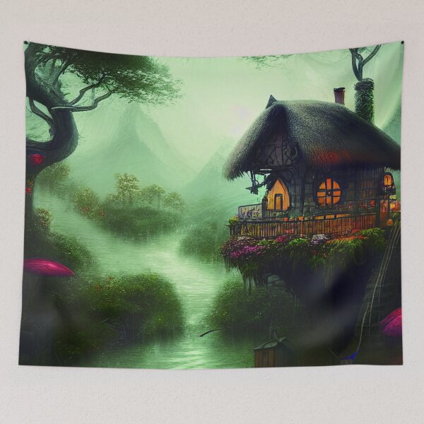 Item preview, Sparkling Fantasy Cottage with Lights and Glitter Background in Forest, Scenery Nature designed and sold by NatureFood.