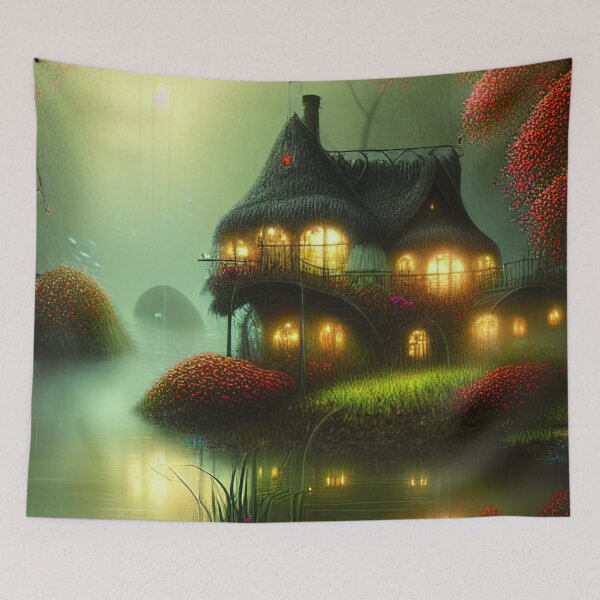 Item preview, Sparkling Fantasy Cottage with Lights and Glitter Background in Forest, Scenery Nature designed and sold by NatureFood.