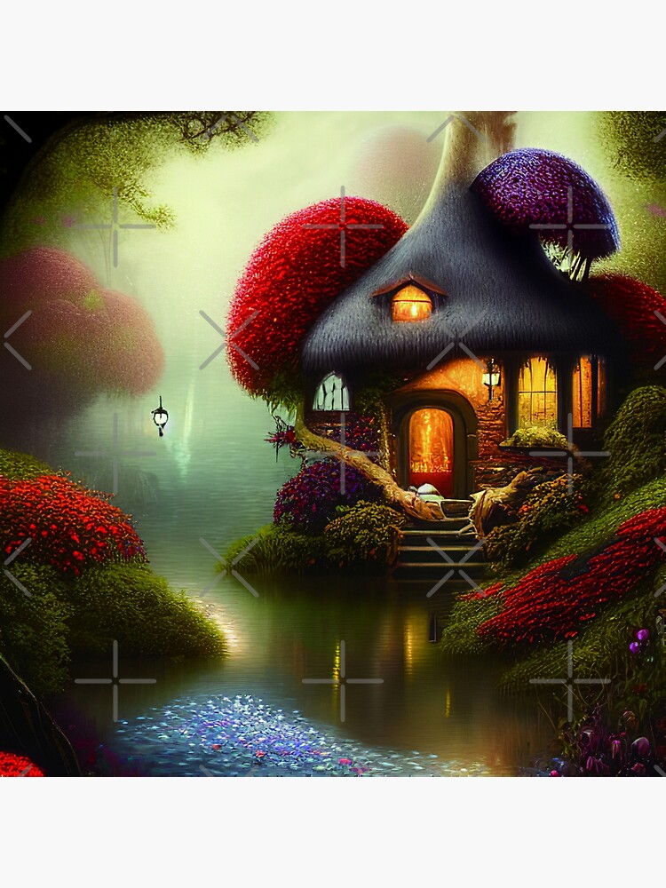 "Sparkling Fantasy Cottage with Lights and Glitter Background in Forest