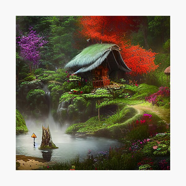 Item preview, Sparkling Fantasy Cottage with Lights and Glitter Background in Forest, Scenery Nature designed and sold by NatureFood.