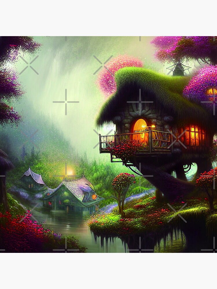 "Sparkling Fantasy Cottage with Lights and Glitter Background in Forest