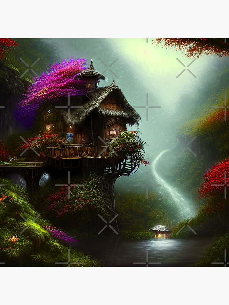 "Sparkling Fantasy Cottage with Lights and Glitter Background in Forest