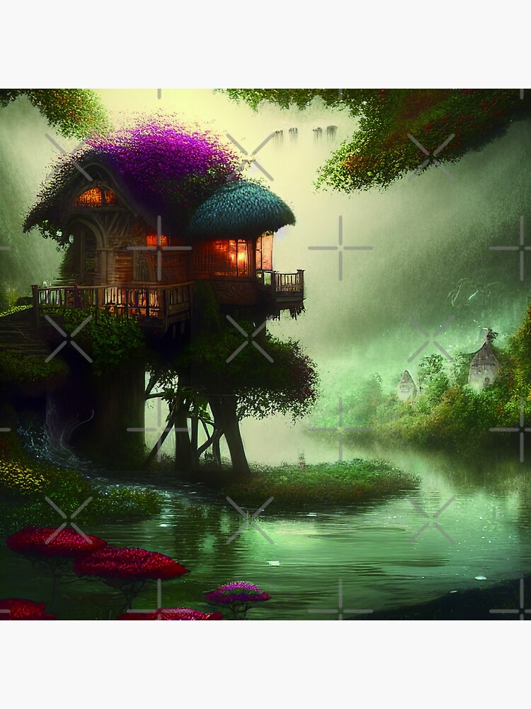 "Sparkling Fantasy Cottage with Lights and Glitter Background in Forest