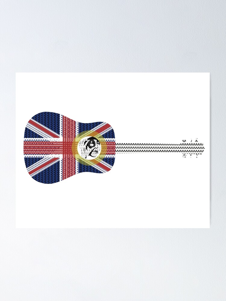 "Guitar silhouette with Union Jack flag overlay pattern" Poster for