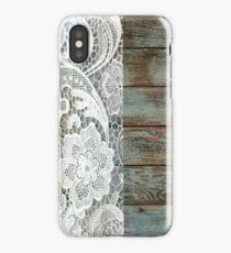 Western Country distressed blue Barn Wood white Lace iPhone Case