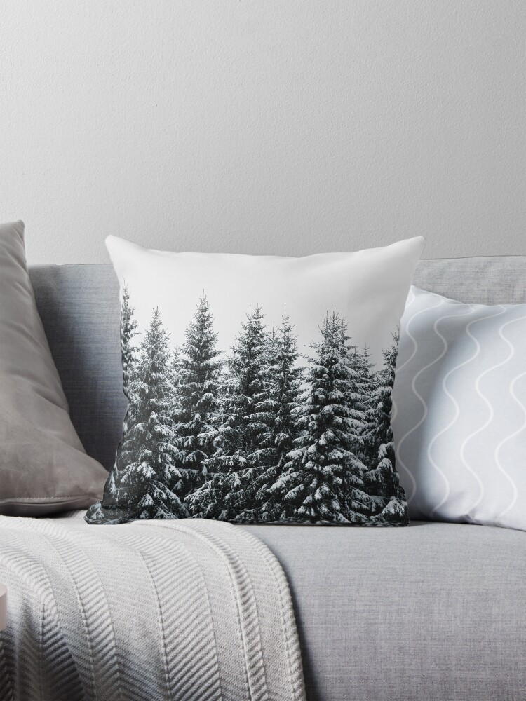 Thumbnail 1 of 4, Pillow, The White Bunch // Misty Moody Foggy Milky Winter Wonderland Forest With Cascadia Trees Covered In Magic Fog designed and sold by tekay.