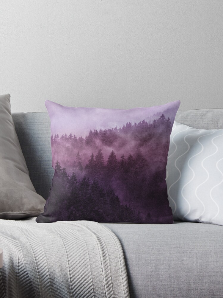 Thumbnail 1 von 4, Kissen, Excuse Me, I'm Lost // Laid Back In A Romantasy Moody Wilderness Dream Forest With Cascadia Trees Covered In Magic Fog designt und verkauft von tekay.