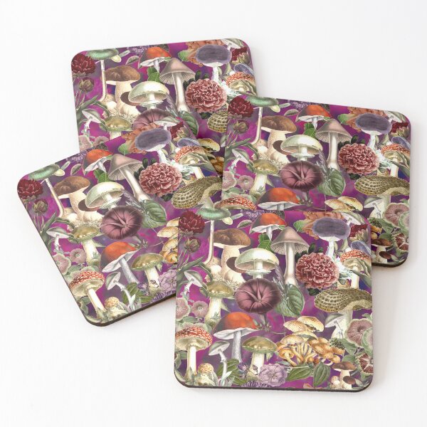 Item preview, Vintage mushrooms and flowers garden, shrooms and fungi, botanical pattern, mushrooms illustration, seamless pattern, pink red pattern trendy  designed and sold by ZeinabTaha.