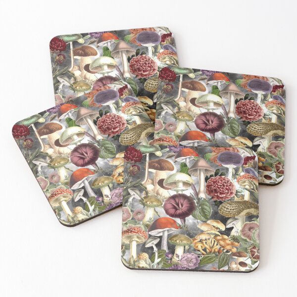 Item preview, Vintage mushrooms and flowers garden, shrooms and fungi, botanical pattern, mushrooms illustration, seamless pattern, light grey pattern trendy  designed and sold by ZeinabTaha.