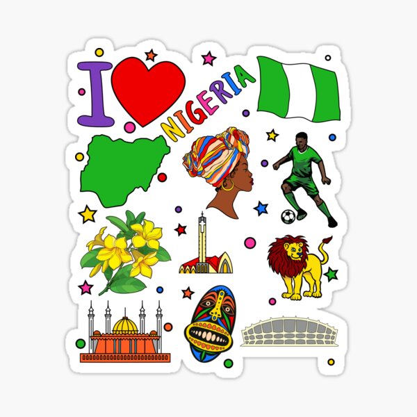 "I love Nigeria. Hand drawn Nigerian Landmarks, flag and map of Nigeria