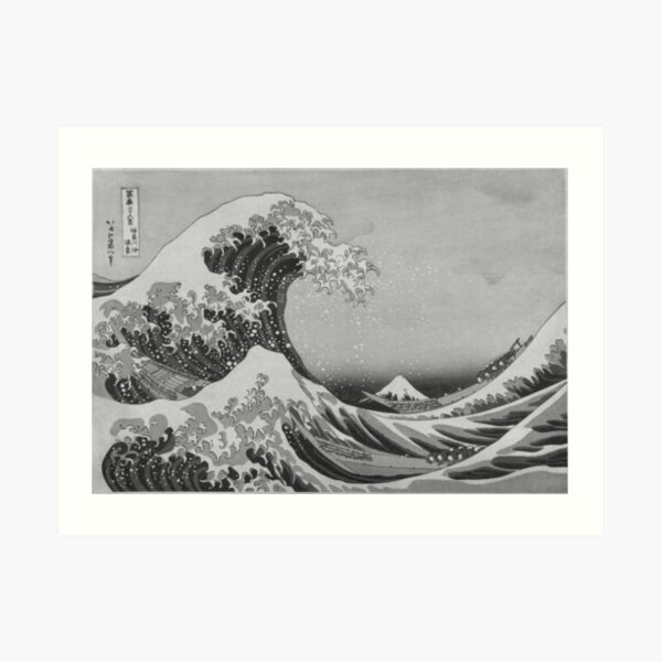 Black and White Japanese Great Wave off Kanagawa by Hokusai Art Print