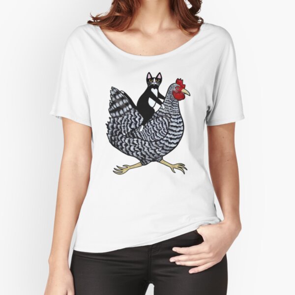 cat riding chicken shirt