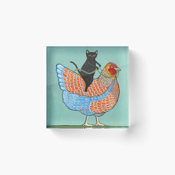 Chicken Ride Wyandotte and Black Cat Acrylic Block