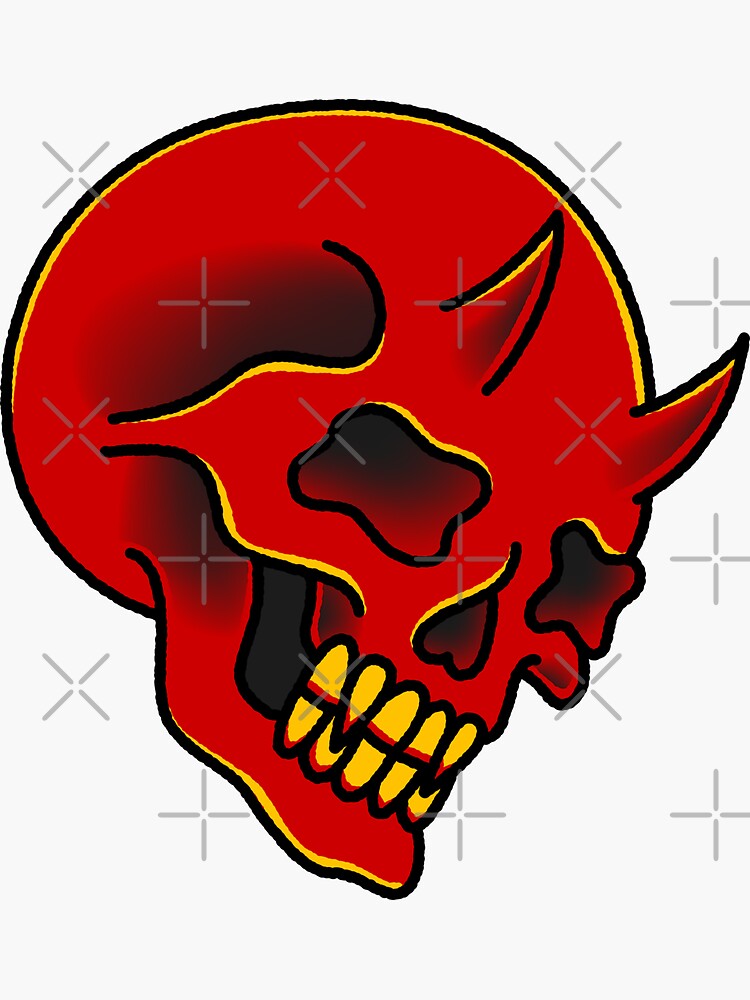 American Traditional Red Demon Skull Sticker By Salty Dog Redbubble   Bg,f8f8f8 Flat,750x,075,f Pad,750x1000,f8f8f8.u2 