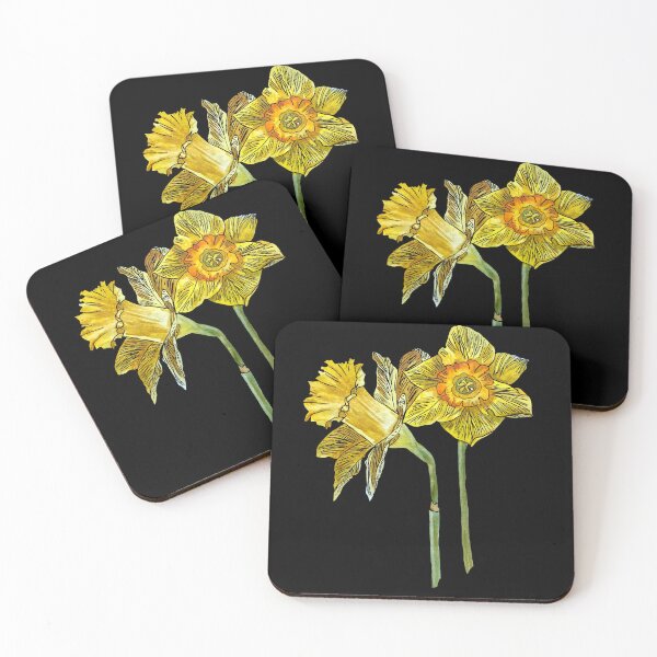 Item preview, Narcissus yellow bouquet bud hand drawn black background designed and sold by Yana Mustafina | Boho Soulful Designs.