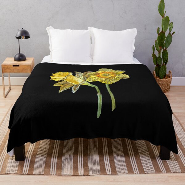 Item preview, Narcissus yellow bouquet bud hand drawn black background designed and sold by Yana Mustafina | Boho Soulful Designs.