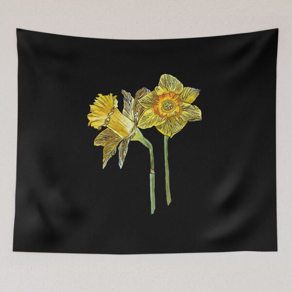 Item preview, Narcissus yellow bouquet bud hand drawn black background designed and sold by Yana Mustafina | Boho Soulful Designs.