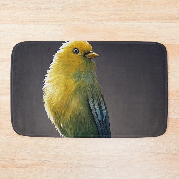 Item preview, Disheveled canary holding a retro writing pen with robotic legs and long feathers in the butt designed and sold by SingularityGeek.