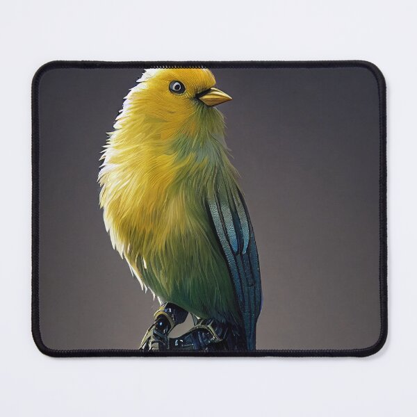 Item preview, Disheveled canary holding a retro writing pen with robotic legs and long feathers in the butt designed and sold by SingularityGeek.