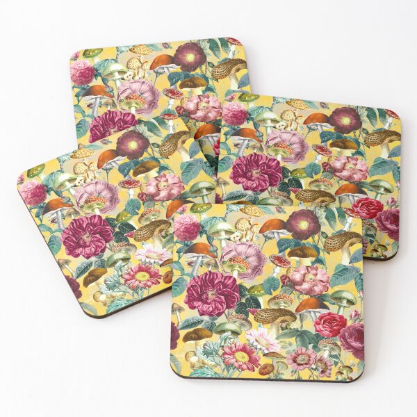 Item preview, Vintage mushrooms and florals garden, shrooms and fungi, botanical pattern, mushrooms illustration, seamless pattern, yellow pattern trendy  designed and sold by ZeinabTaha.