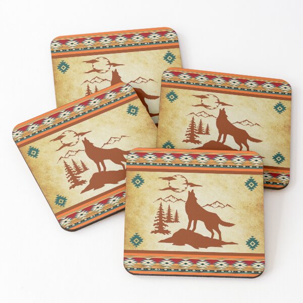 Item preview, Wolf Howling At The Moon With Tribal Pattern In Terracotta And Blues    designed and sold by handsoftime2020.
