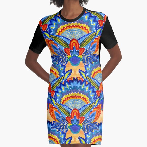 Hand-Painted Abstract Botanical Pattern Brilliant Blue Orange Graphic T-Shirt Dress