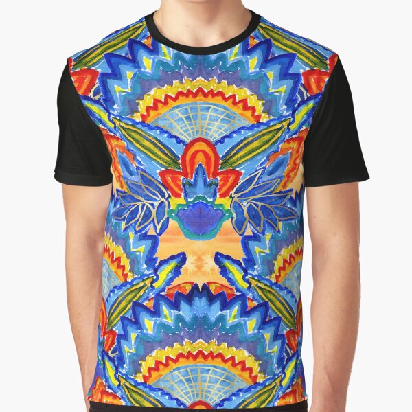 Hand-Painted Abstract Botanical Pattern Brilliant Blue Orange Graphic T-Shirt