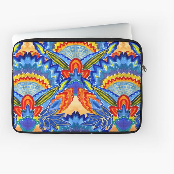 Hand-Painted Abstract Botanical Pattern Brilliant Blue Orange Laptop Sleeve